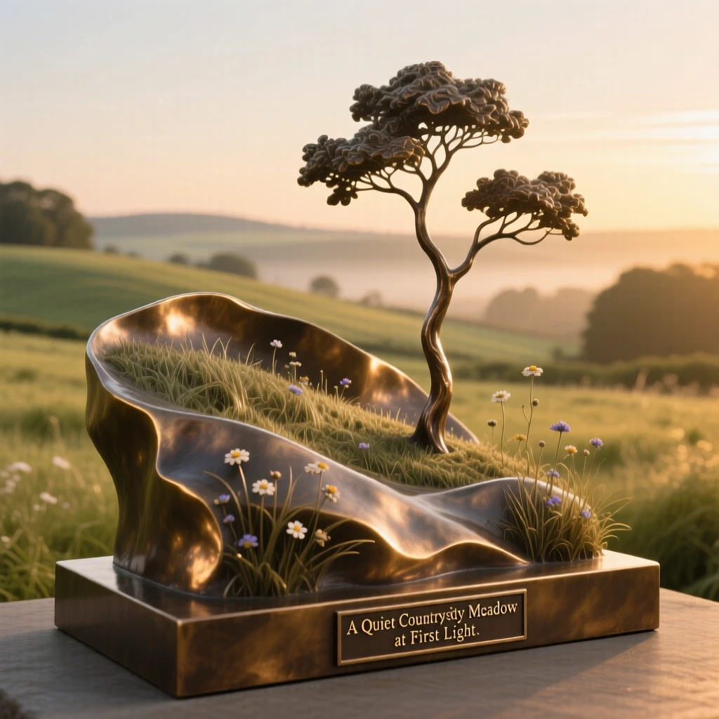 A quiet countryside meadow at first light, bathed in the warm hues of golden hour, offering a breathtaking sense of place