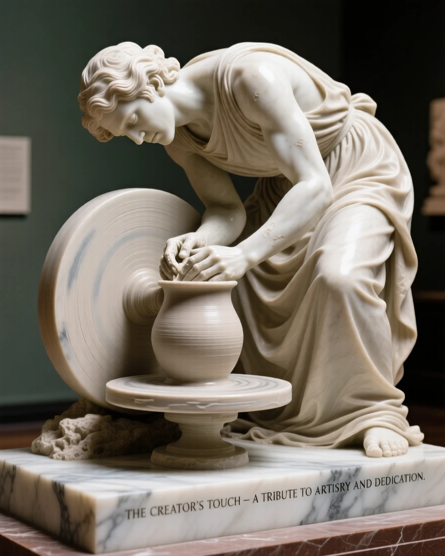 A vivid, emotionally rich scene of a potter shaping clay on a spinning wheel, captured with cinematic depth and detail, designed to captivate and inspire