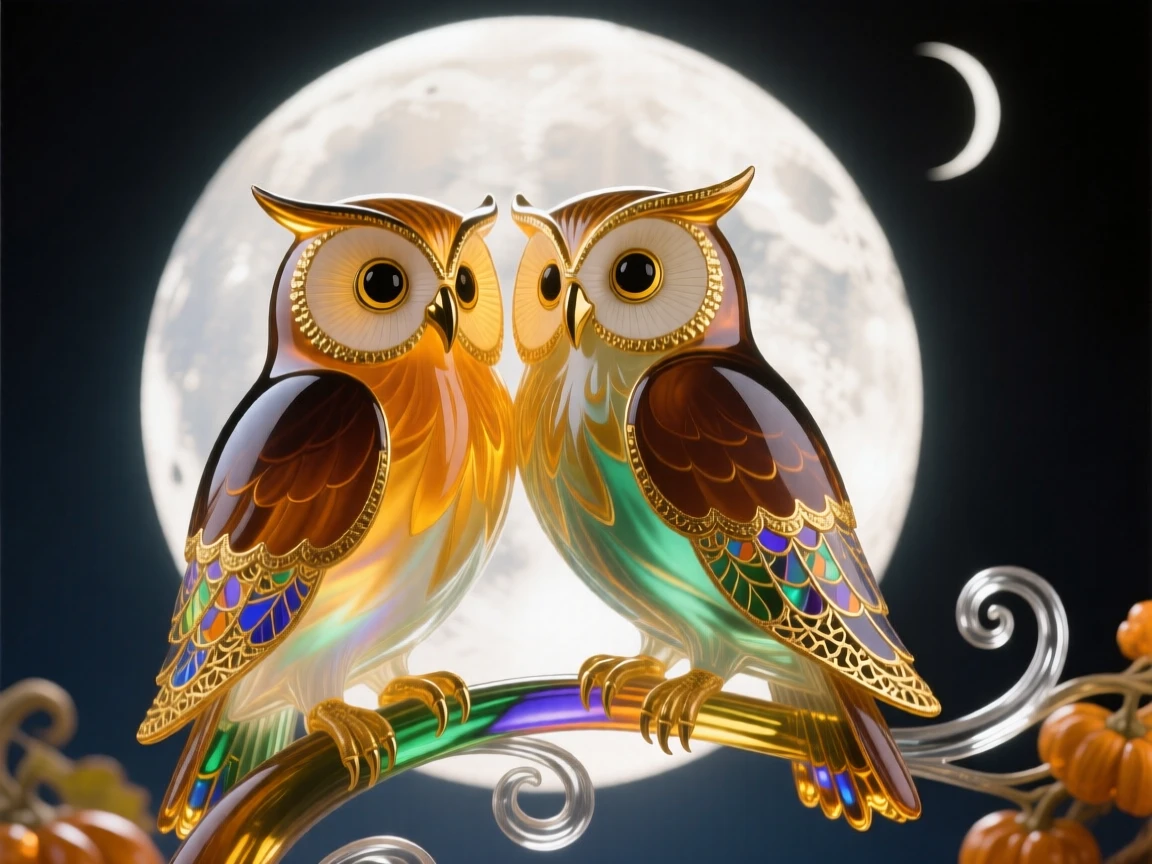 A pair of owls perched together beneath the fullest harvest moon, wise and bonded.