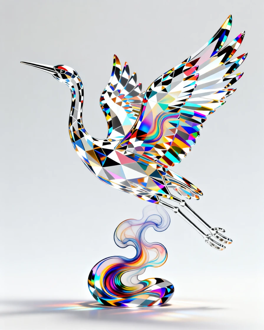An abstract swirl of vivid smoke forming the delicate silhouette of a crane in flight.