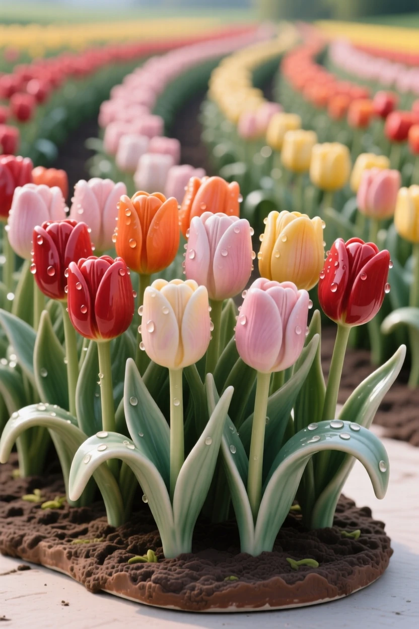 A field of tulips lined in neat rows clustered together in natural harmony, with dew glistening on each petal, capturing a fleeting, delicate moment in bloom.