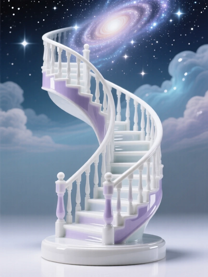 A dreamlike scene of a staircase spiraling up into a galaxy, rendered with soft, dreamlike light.
