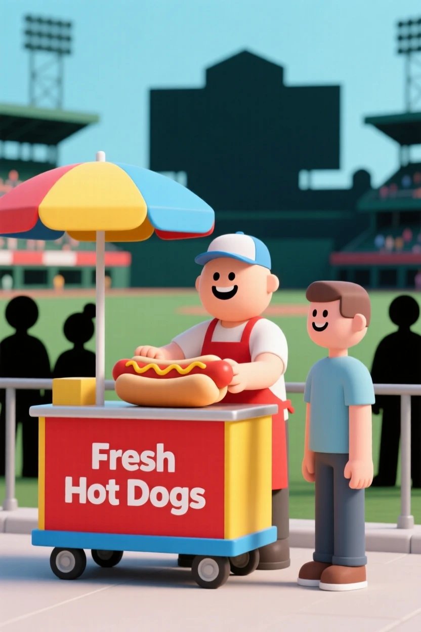 A cheerful hot dog vendor serves a smiling customer from a colorful cart outside a busy ballpark.