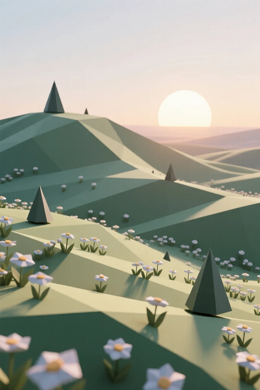 A rolling hillside covered in wildflowers, as the sun begins to rise. the composition uses a wide, sweeping perspective. It evokes a feeling of pure tranquility.