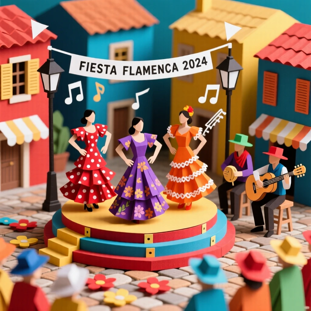 A vibrant flamenco performance celebrated in a lively village square, with vibrant colors and fabrics on display, capturing joyful communal celebration.