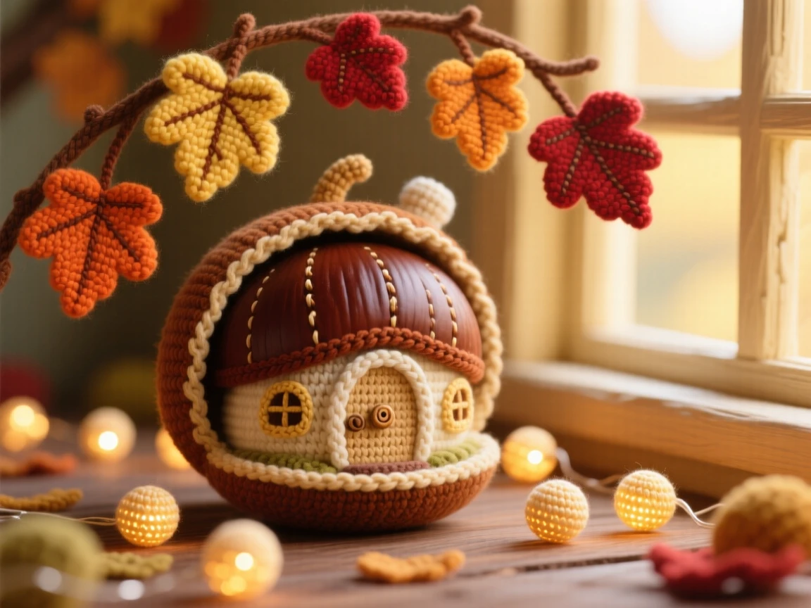 a tiny cottage built inside a giant chestnut shell, with a small round door, is shown nestled beneath a canopy of autumn leaves, resting on a warm sunlit windowsill, surrounded by a scattering of tiny glowing lights, radiating quiet delight in an impossible little world.
