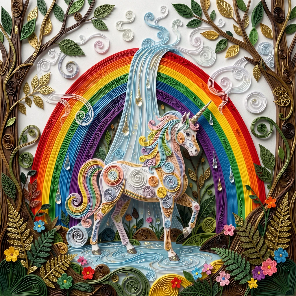 a graceful unicorn standing beneath a rainbow waterfall, within an ancient enchanted forest, shown in a grand, awe-inspiring wide composition, with delicate wisps of magical mist curling upward.
