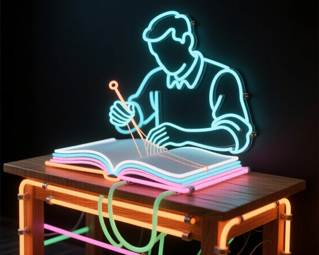 A bookbinder stitching pages together at a wooden bench.