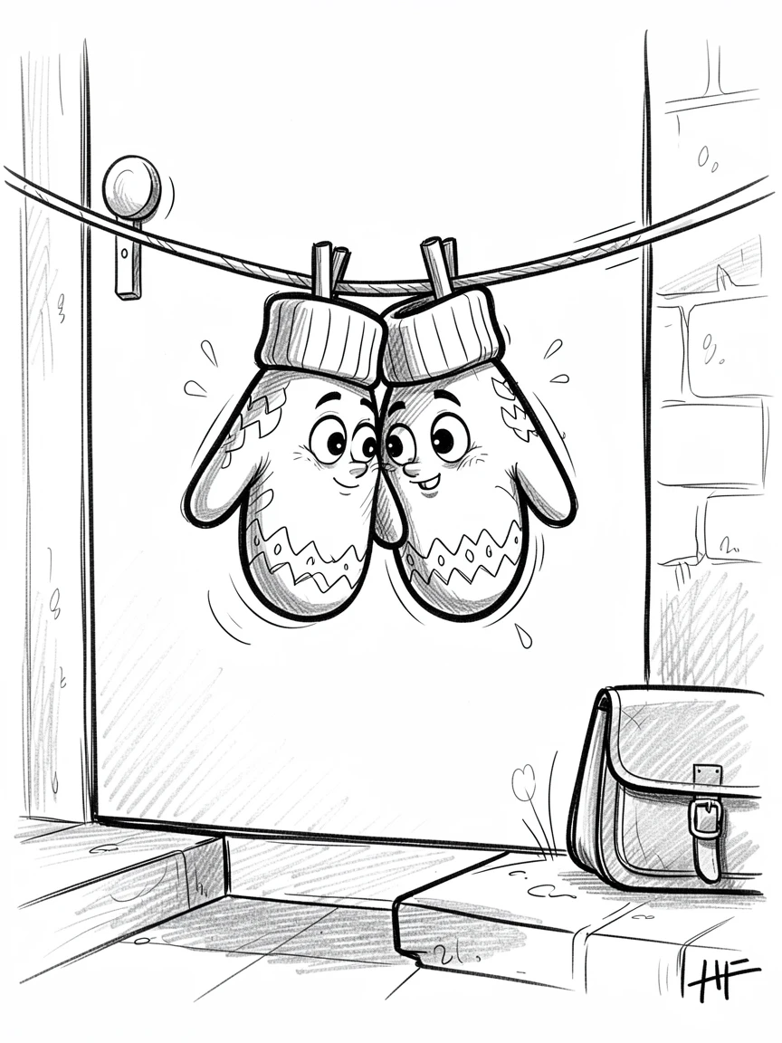 A pair of mittens warming each other on a clothesline on a school morning doorstep.