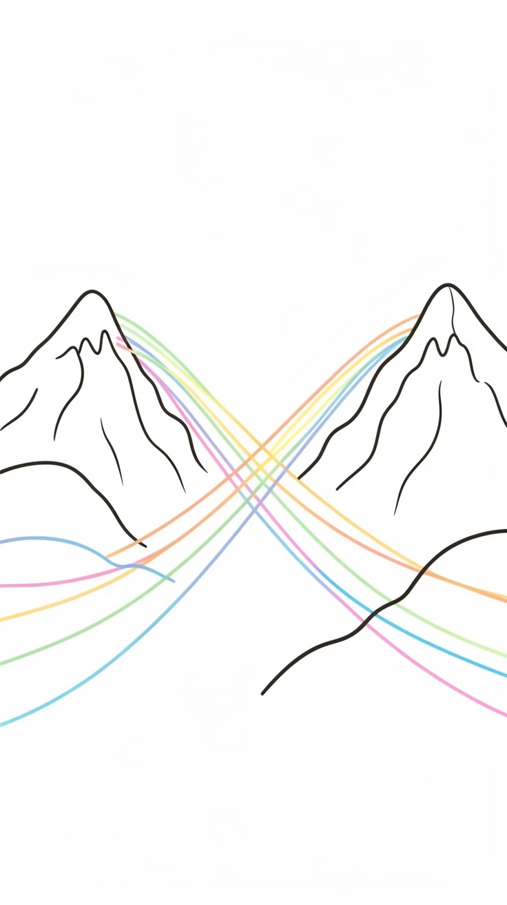 A bridge made of light connecting two distant mountain peaks.