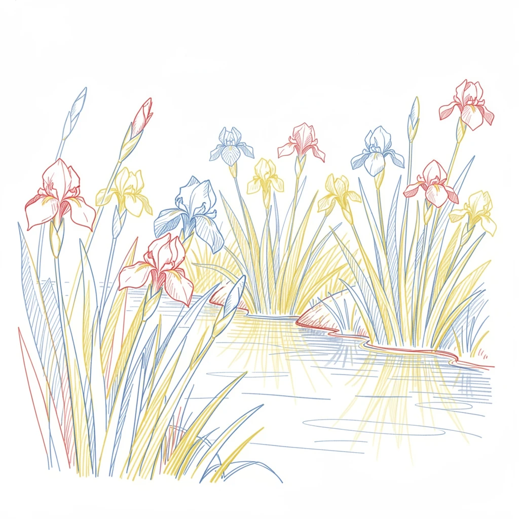 A field of wild irises blooming along the edge of a quiet stream