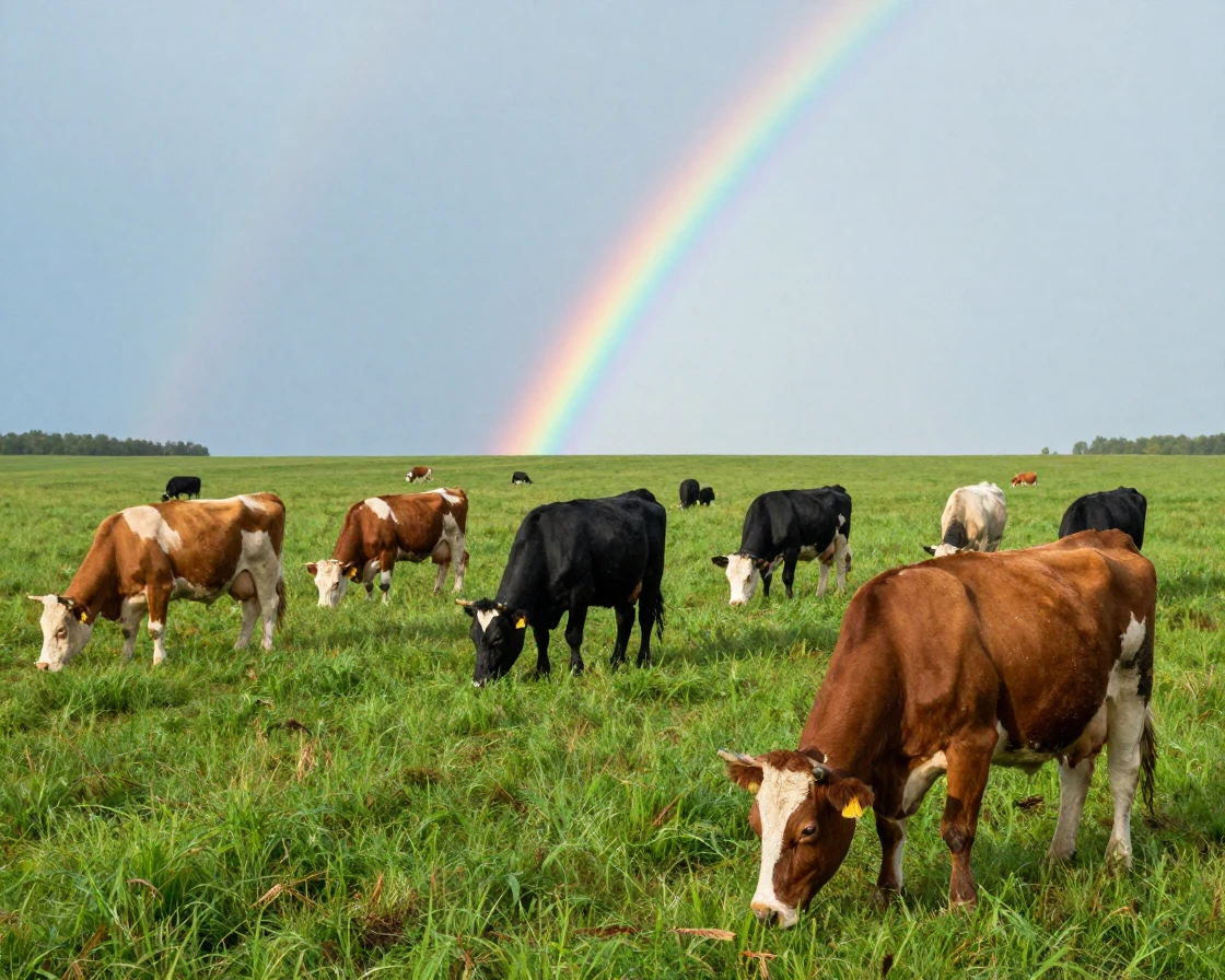 A field of grazing cows beneath a rainbow after rain