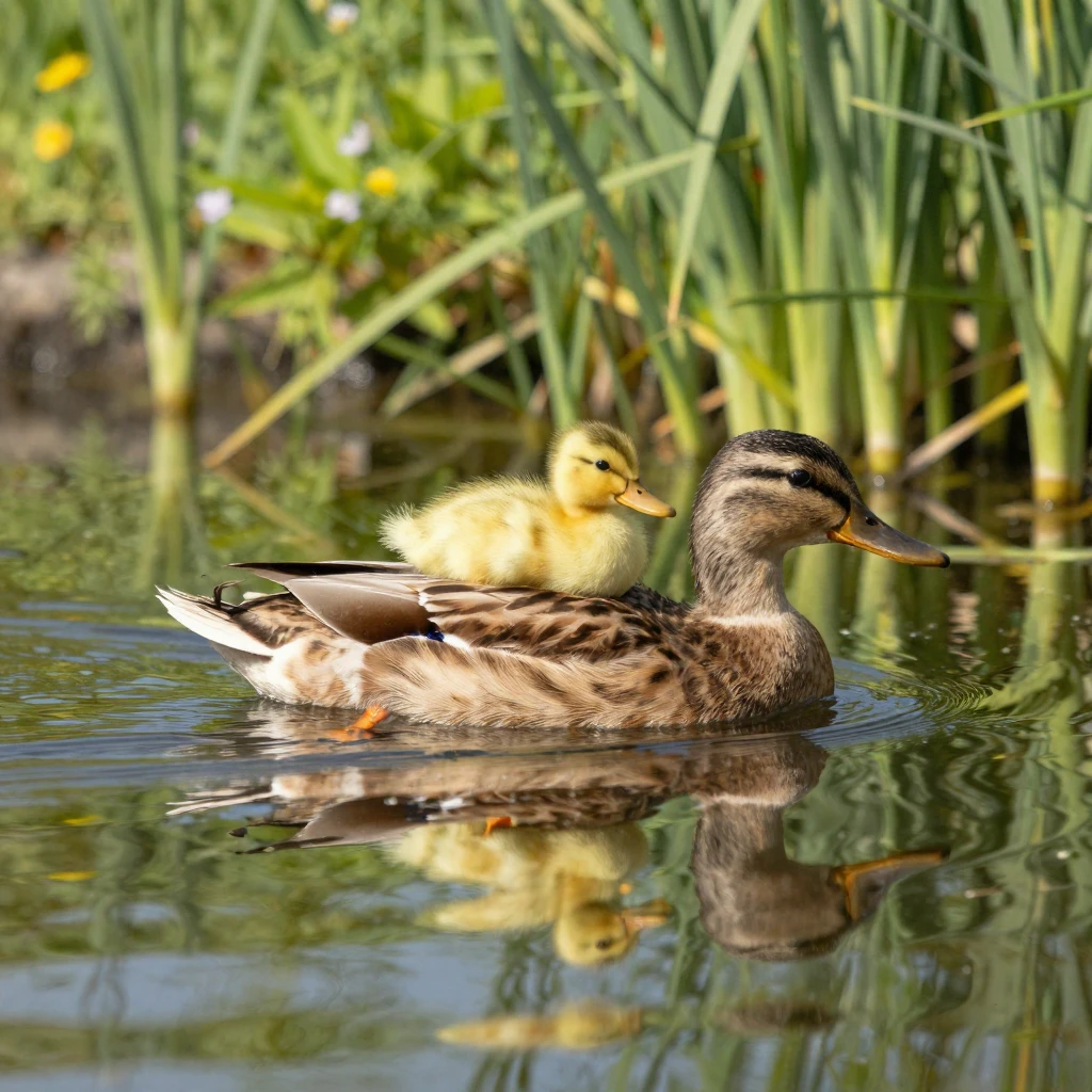 A duckling rides on its mother's back while paddling across a still pond.