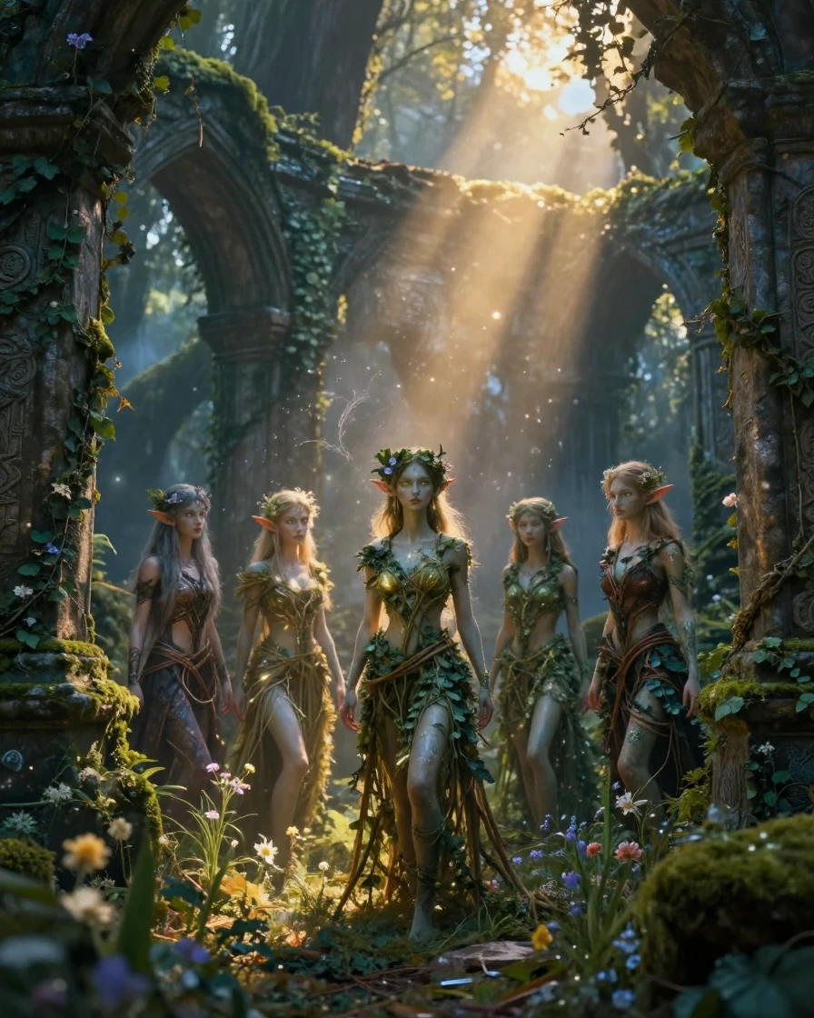 A band of forest elves appearing within the ruins of a forgotten kingdom as magic fills the air