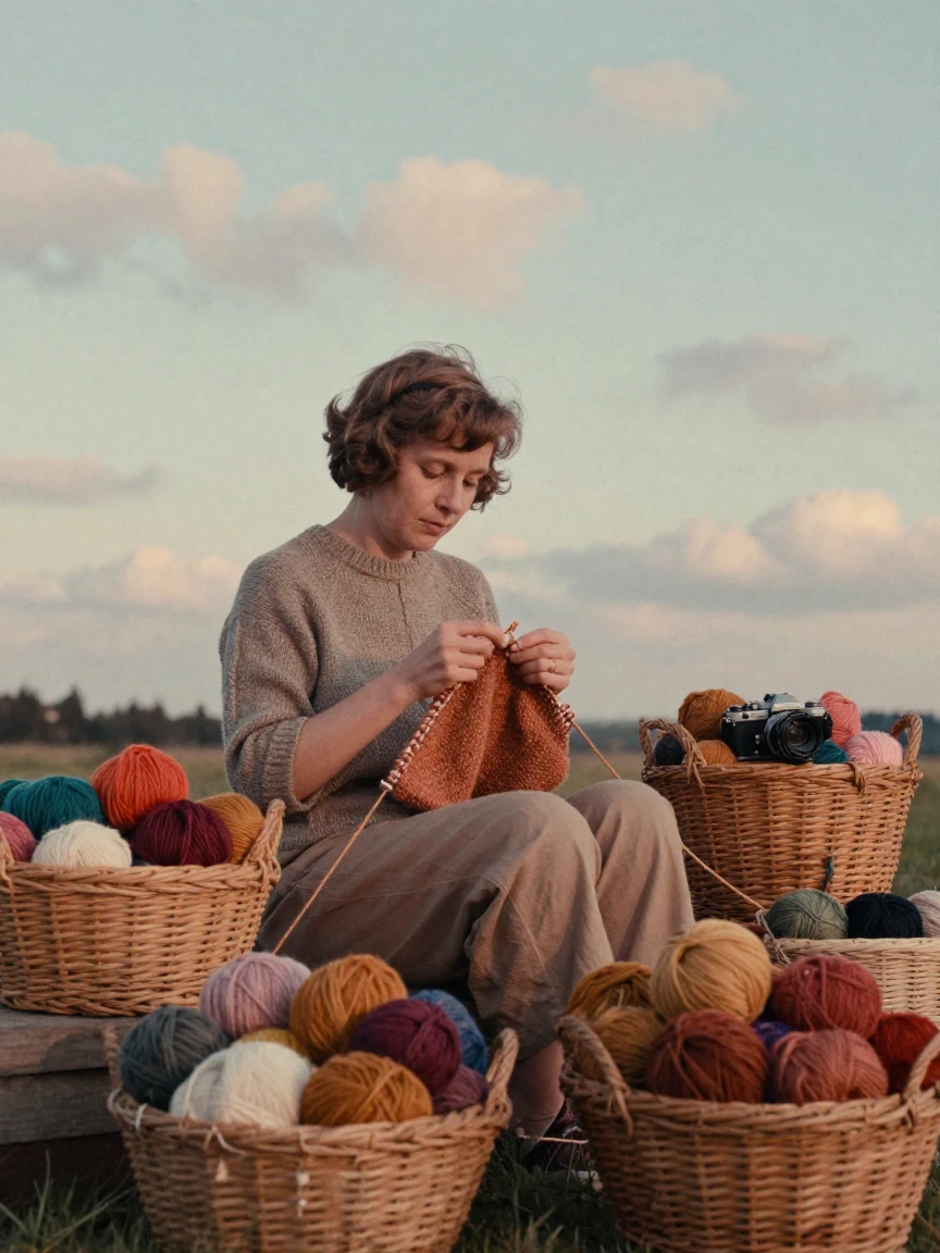 A knitter surrounded by baskets of colorful yarn, in the pale light just before sunrise, under scattered clouds, during the long days of summer, in earthy terracotta and ochre shades, from a three-quarter angle.