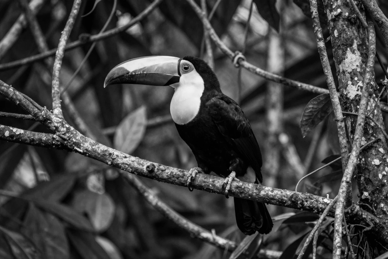 A colorful toucan perches on a branch deep in the canopy amid tangled jungle vines.
