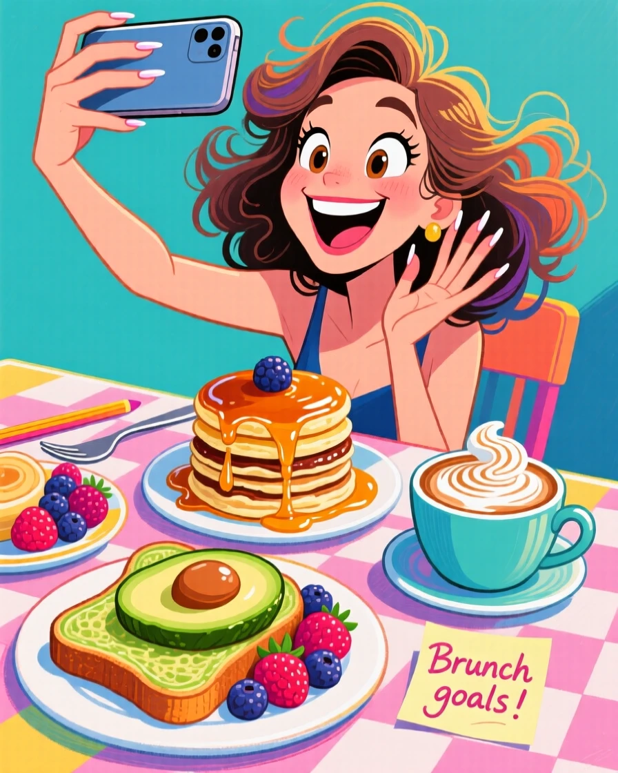 A woman taking a flat-lay photo of her perfectly arranged brunch spread.