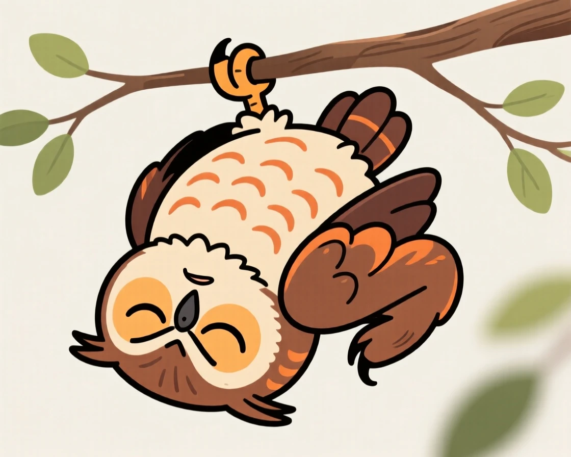 A charming animal moment featuring a grumpy owl napping in the most improbable position imaginable, with feathers or fur puffed out dramatically.