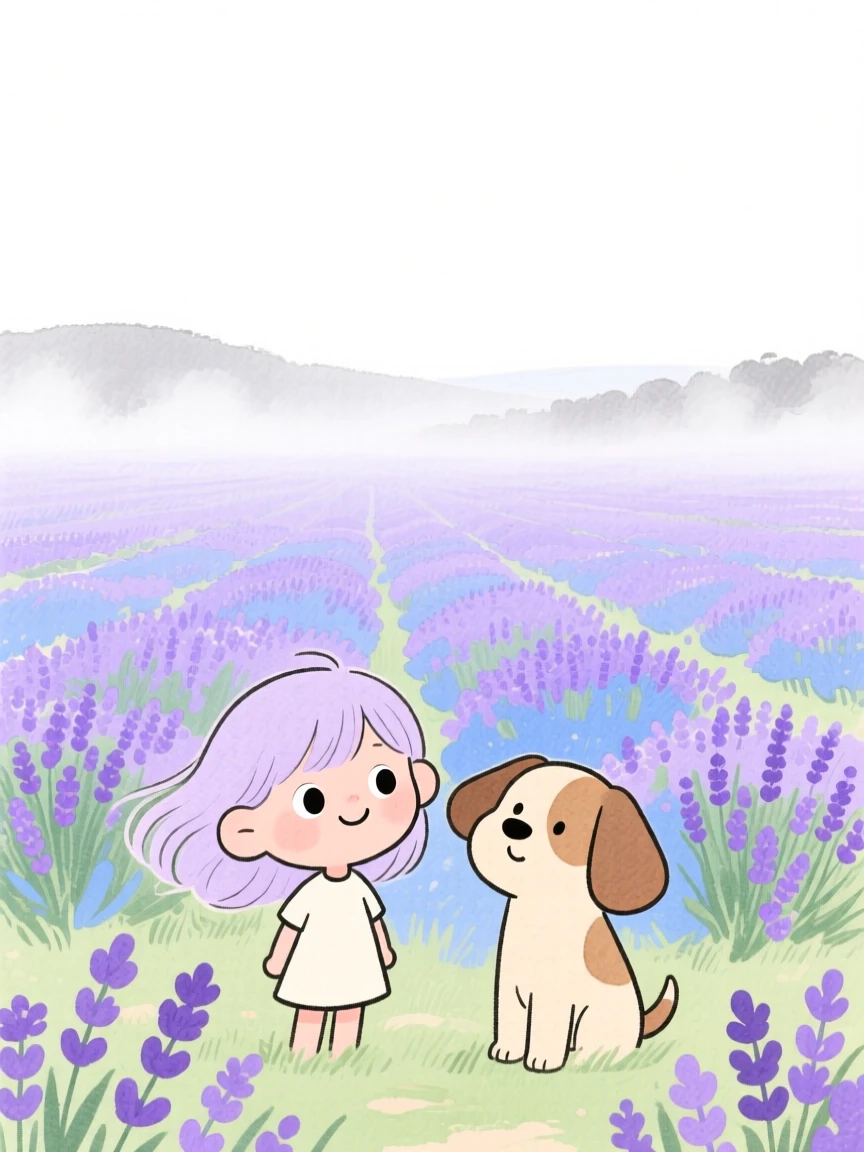 A serene landscape of a field of lavender stretching to the horizon wrapped in gentle mist