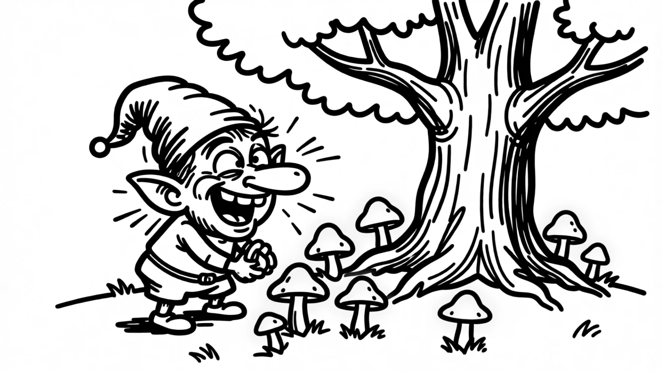 A tiny gnome tending a garden of glowing mushrooms beneath an ancient oak tree.