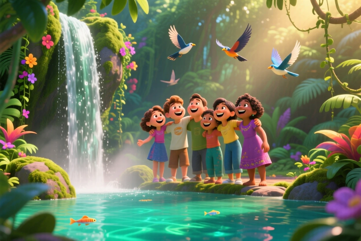 A group of friends laughing together stands beside a waterfall cascading into a jungle pool, sharing a quiet moment together. A sense of wonder and freedom fills the moment, with distant birds gliding on the breeze.