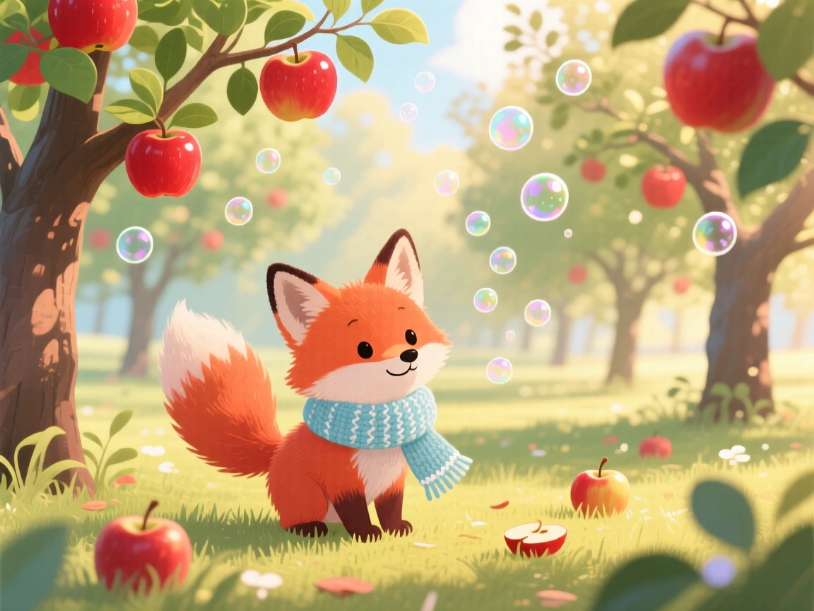 In an apple orchard, a fluffy fox cub spends the afternoon wearing a tiny knitted scarf, as tiny bubbles float upward.