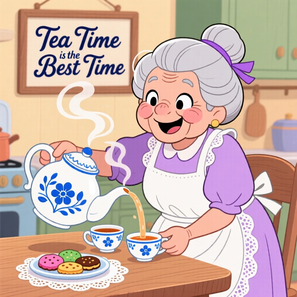 A grandmother pouring tea from a porcelain pot into delicate cups.