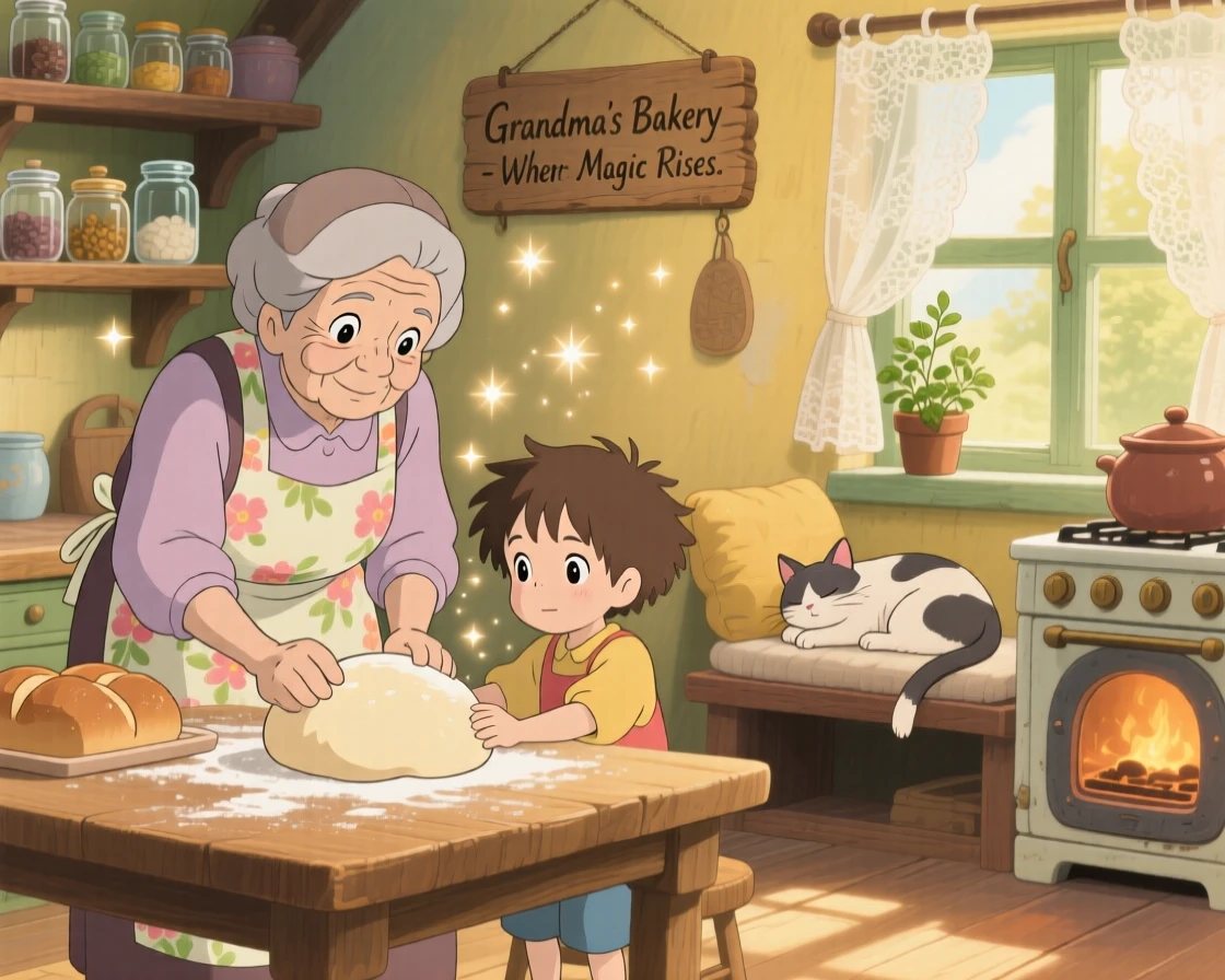 A grandmother teaching her grandchild to bake bread, a cat curled up nearby, half asleep, the whole scene feeling warm and comforting.