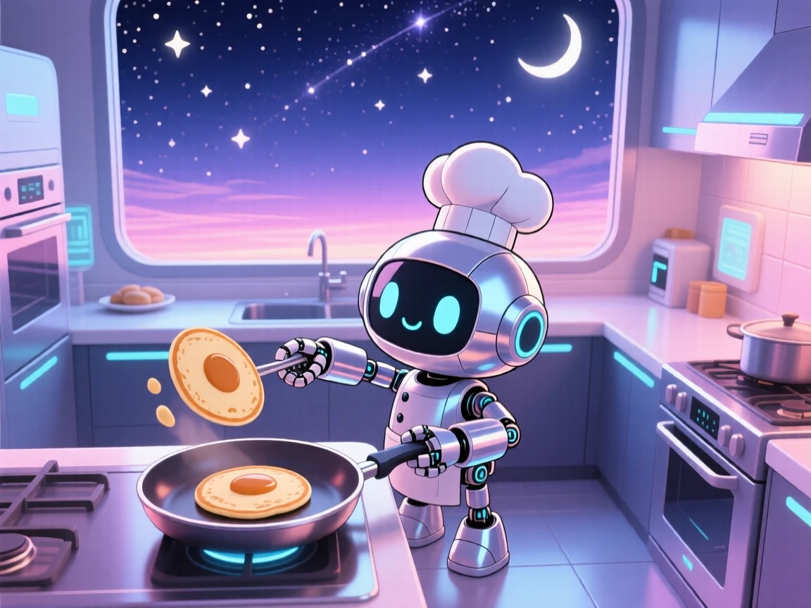 In a sleek futuristic kitchen, a small robot chef is flipping a pancake with mechanical arms under a starry midsummer night sky, bathed in soft pastel light of dawn, expression full of peaceful calm. Shot as a high aerial view.