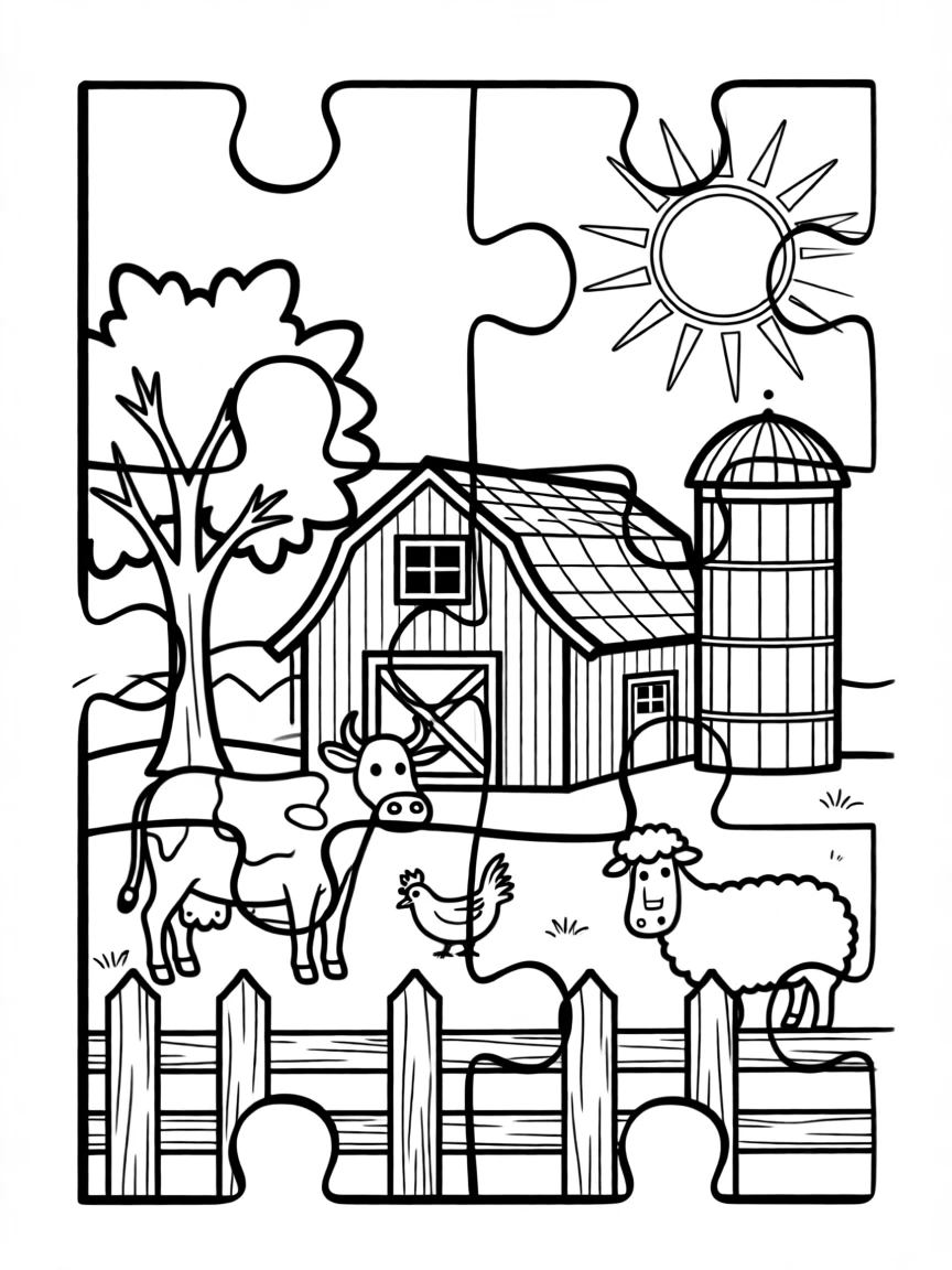 A set of wooden puzzle pieces forming a picture of a farm