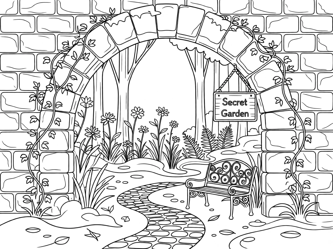 A stone archway leading into an overgrown secret garden, with mist rolling gently across the ground.