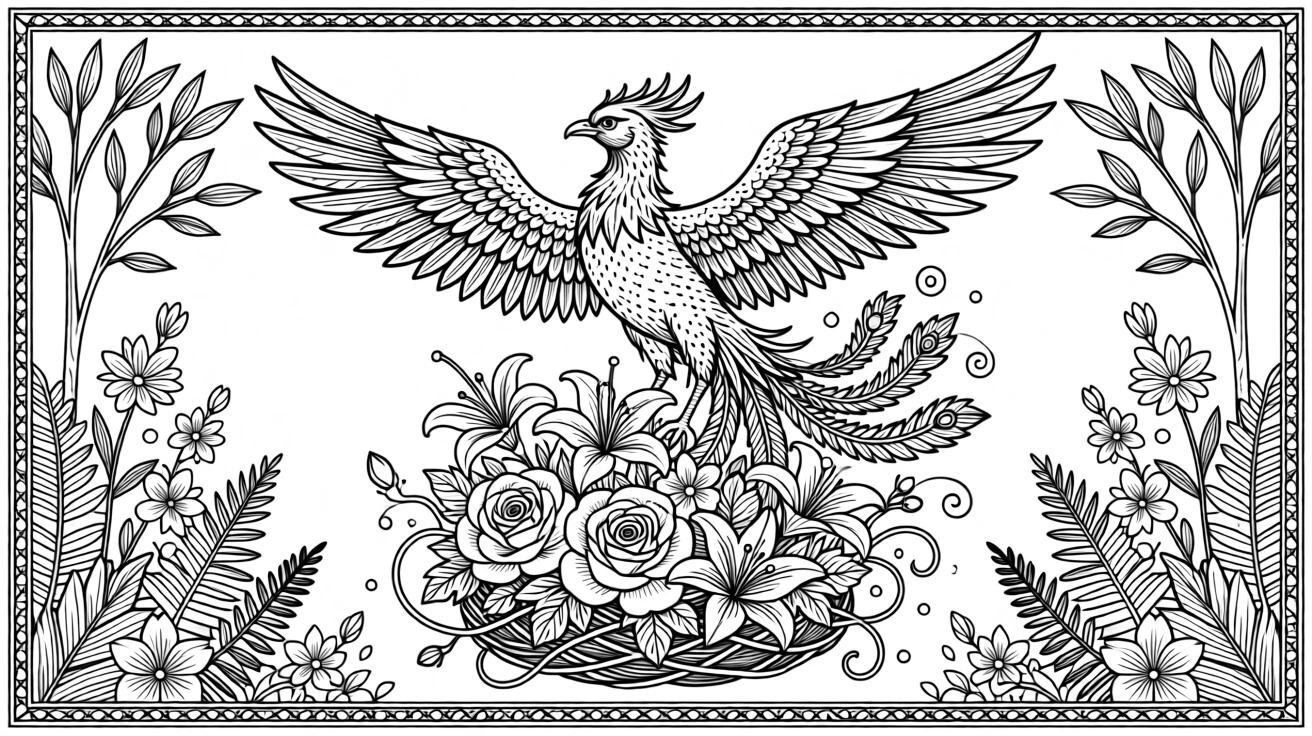 A phoenix rising from a nest of flowers instead of flames.