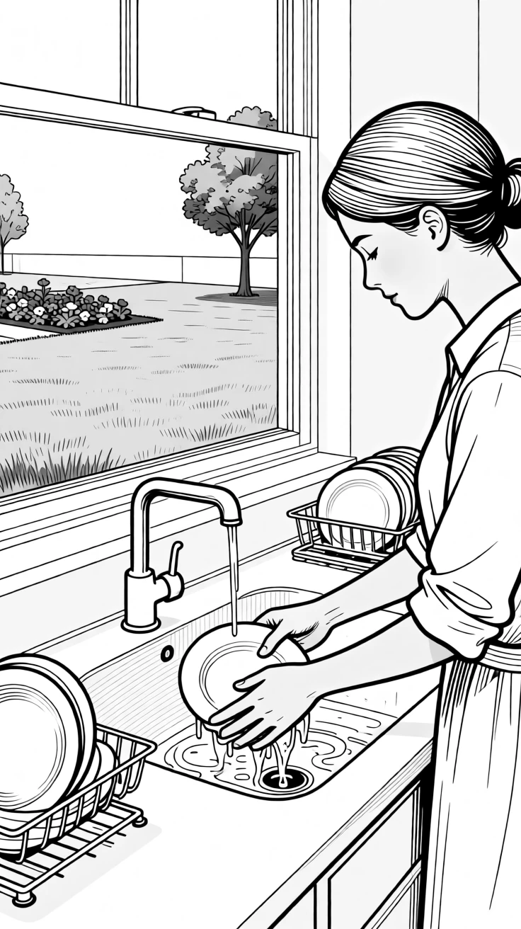 A person washing dishes at a kitchen sink with a view of the yard