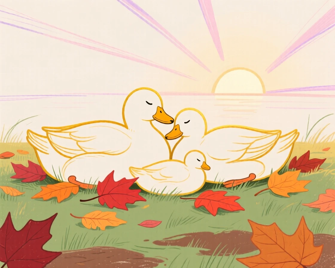 A family of ducks napping among autumn leaves at sunrise.