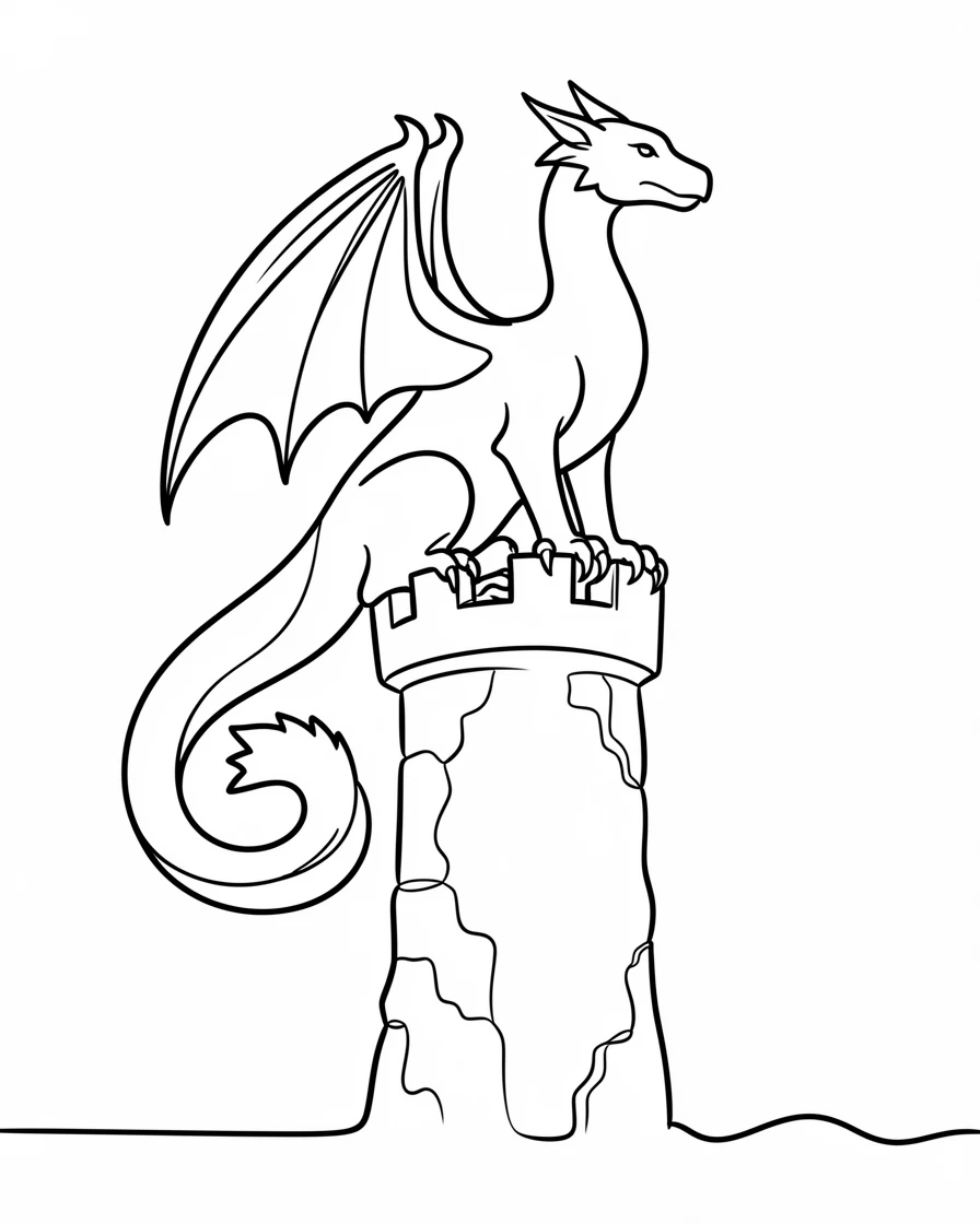A majestic dragon perched atop a crumbling castle tower
