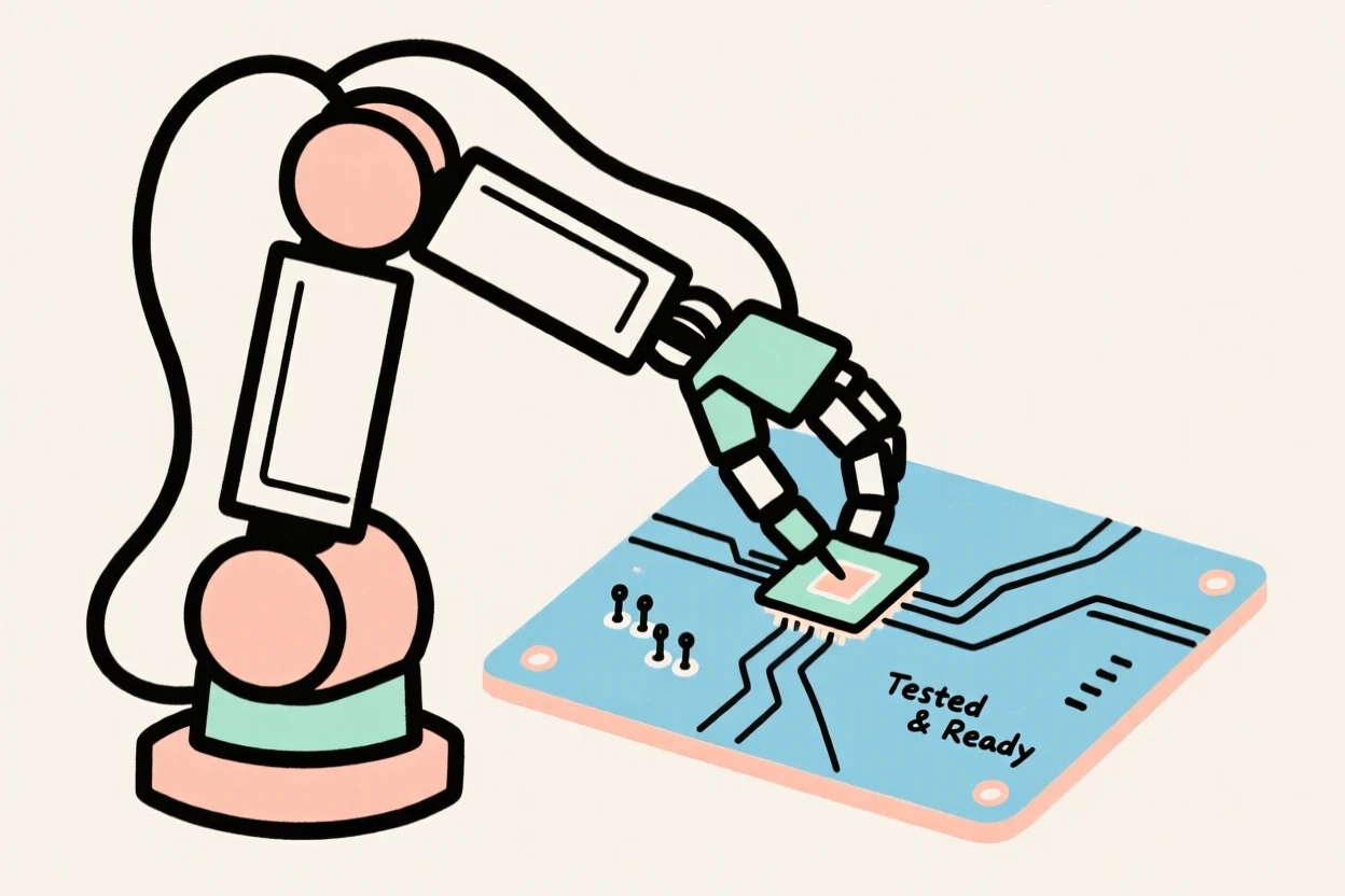 A robot arm assembling a circuit