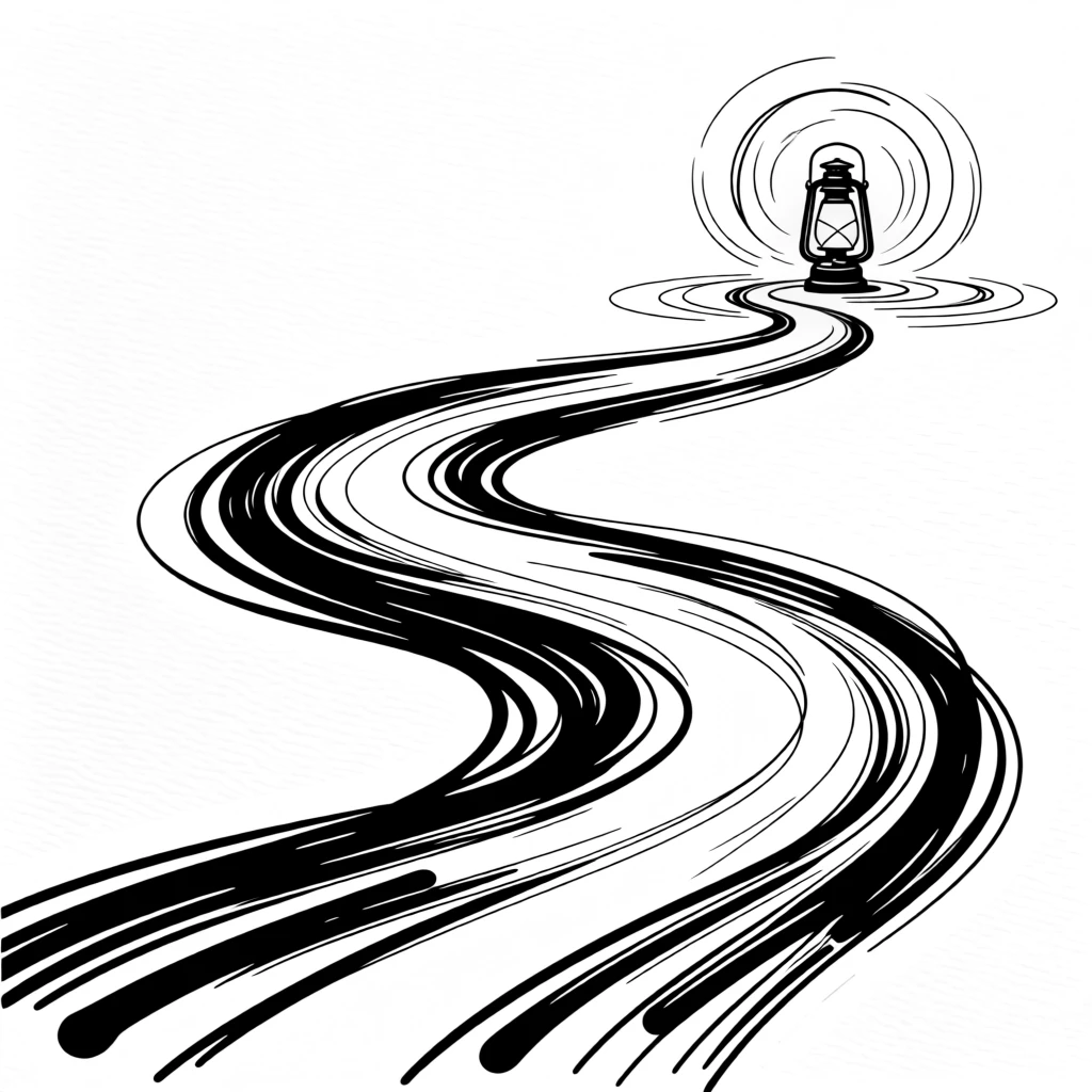 A single lantern glowing warmly at the end of a long dark path, symbolizing hope.