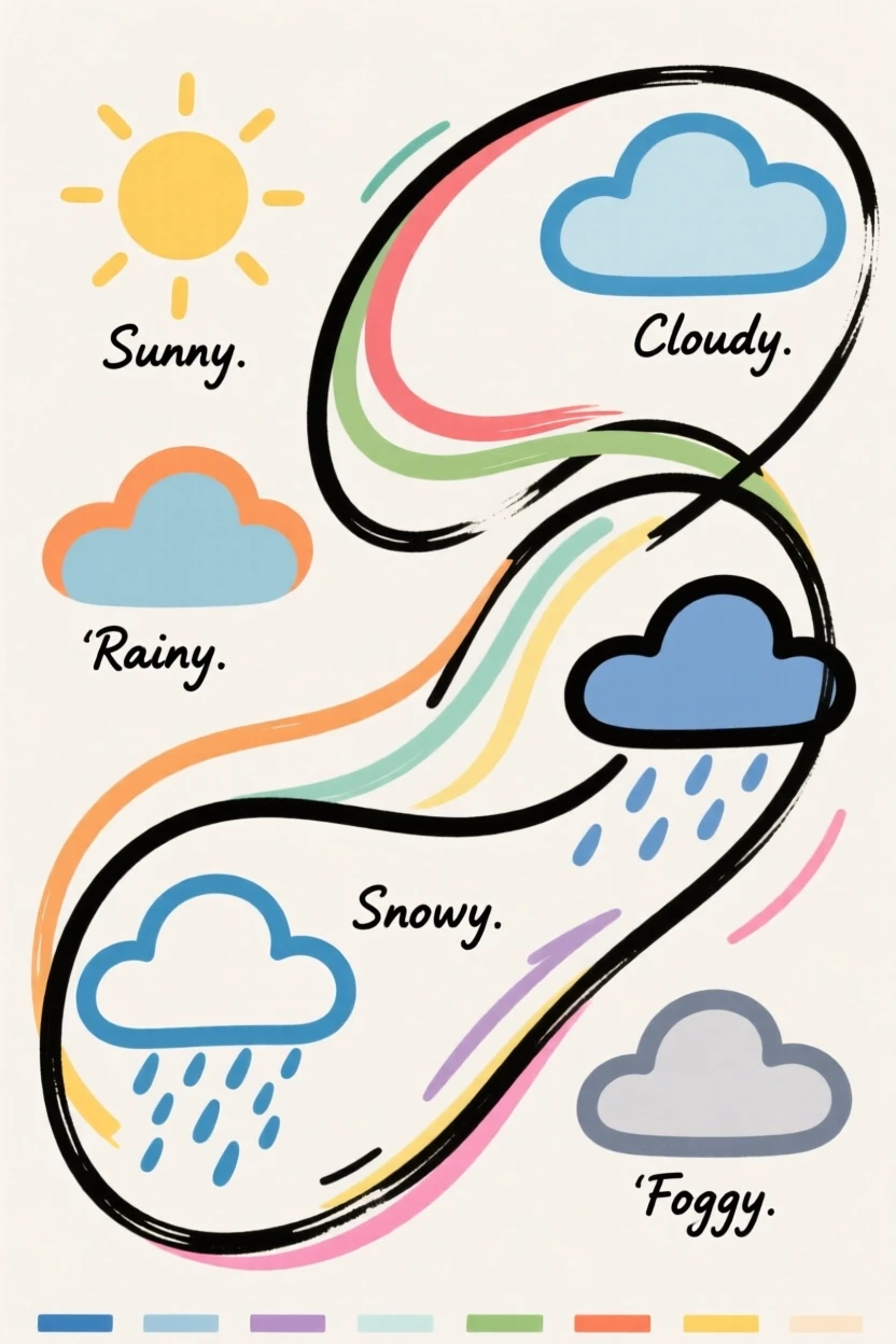 A colorful chart showing different types of weather and clouds.
