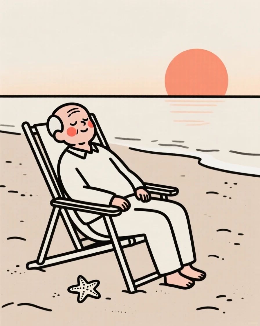 A grandfather napping peacefully in a garden chair, on a sandy beach at sunset.