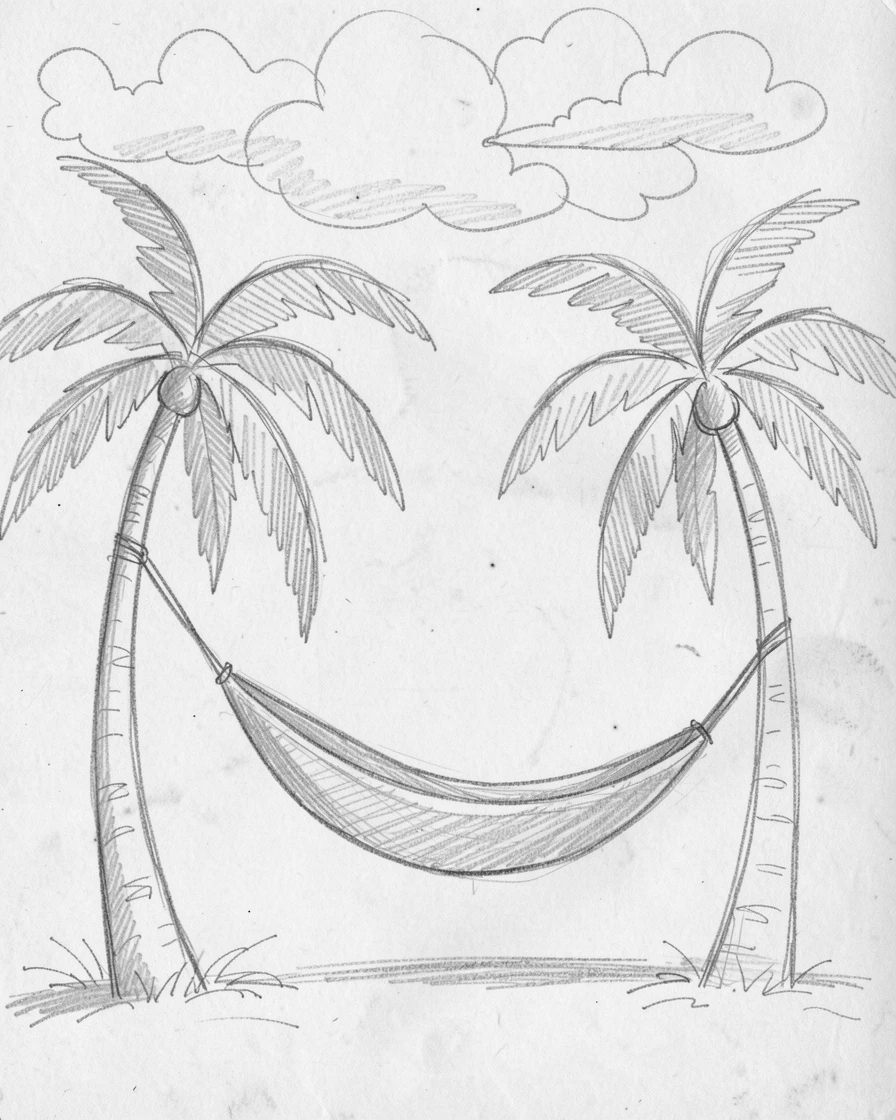 A peaceful moment of a hammock swaying gently between two palm trees under a canopy of soft clouds, conveying gentle strength and resilience.