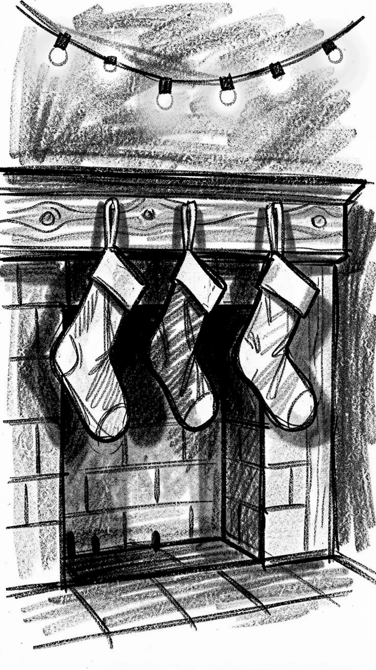 A quiet Christmas morning with stockings by the fireplace, under the warm glow of string lights.