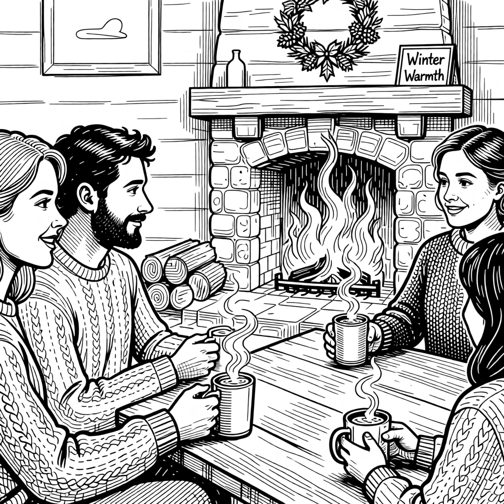 A festive winter cabin gathering with mugs of cocoa by a roaring fire.