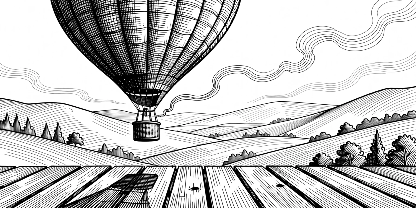A hot air balloon drifting over a peaceful valley as steam rises slowly into the still air, with soft shadows stretching across worn wooden floors, evoking a deeply peaceful sense of calm.
