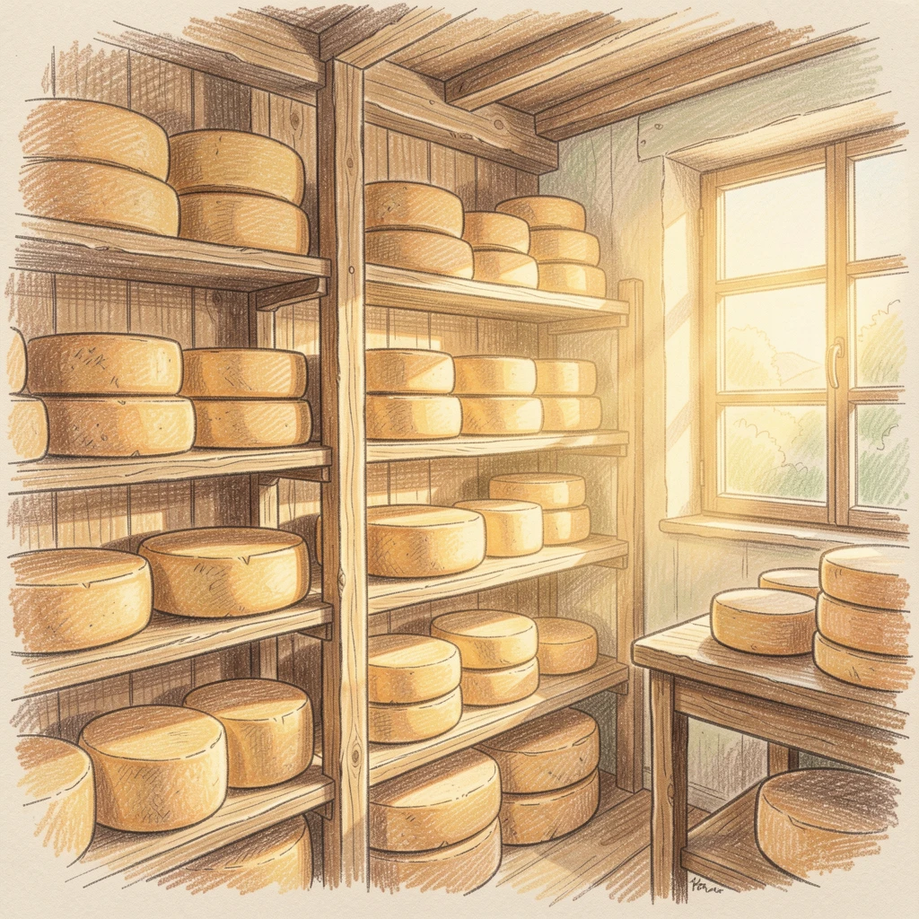 A rustic countryside cheese shop with wheels stacked on shelves, bathed in the warm glow of golden-hour light, designed to feel inviting, memorable, and shareable.