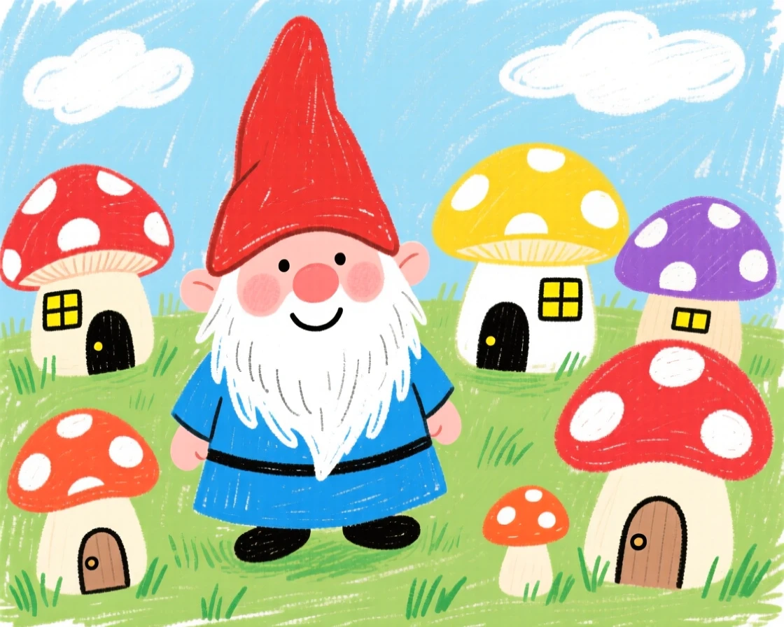 A friendly gnome watching over a village of tiny mushroom houses.