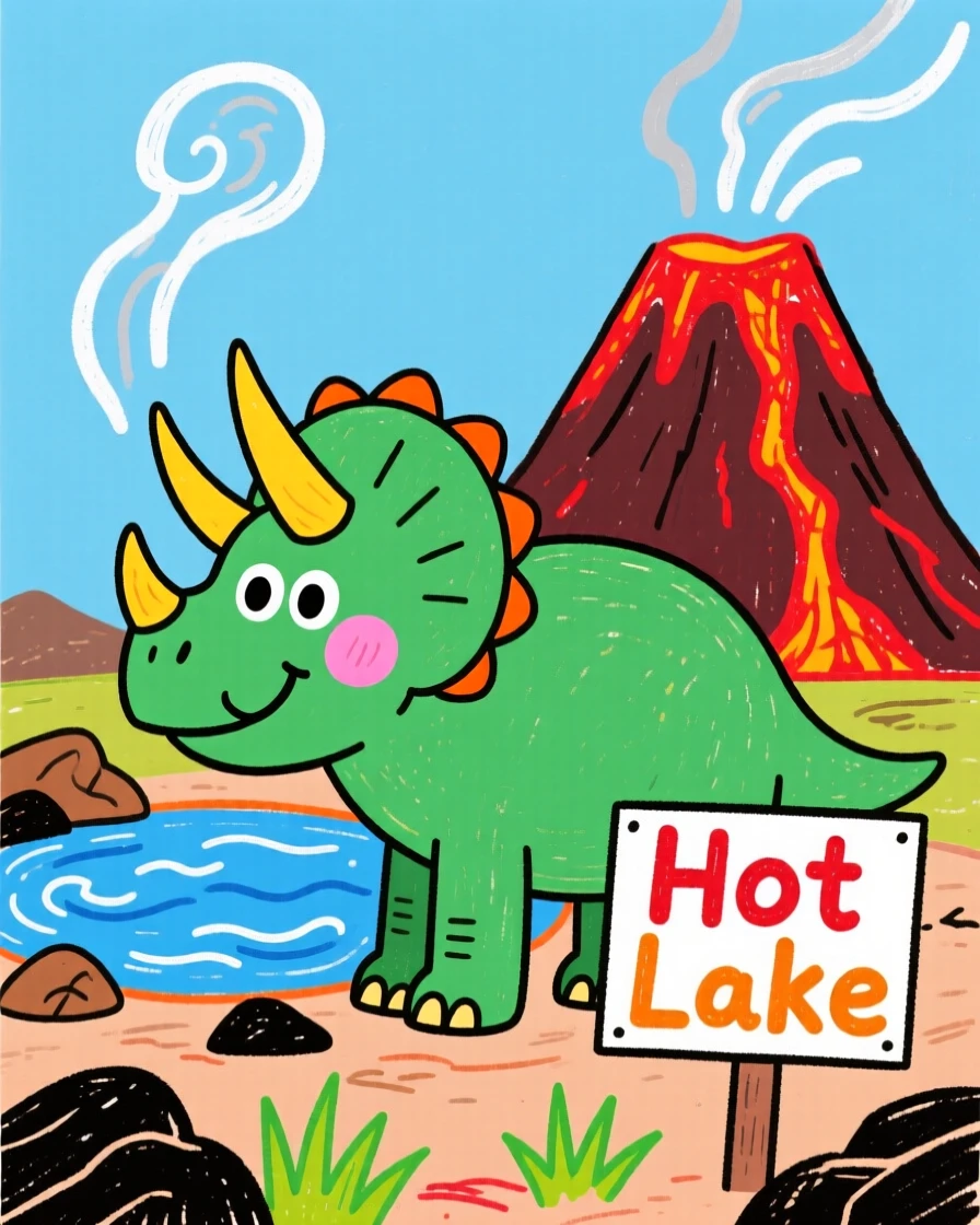 A friendly triceratops with three curved horns beside a steaming volcanic lake.