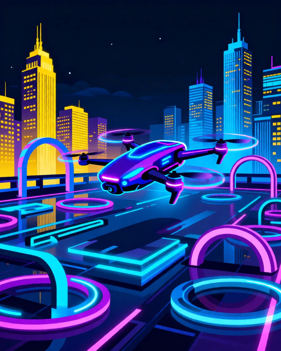 A wireless drone racing through a neon-lit obstacle course, surrounded by twinkling city lights at night, arranged with a sense of sleek, futuristic order, with a subtle sense of wonder about future possibilities.