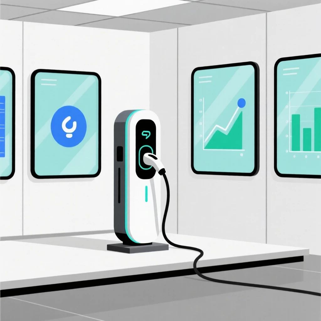 A sleek electric car charging station placed in a minimalist tech office, surrounded by transparent display panels, conveying inventive curiosity.