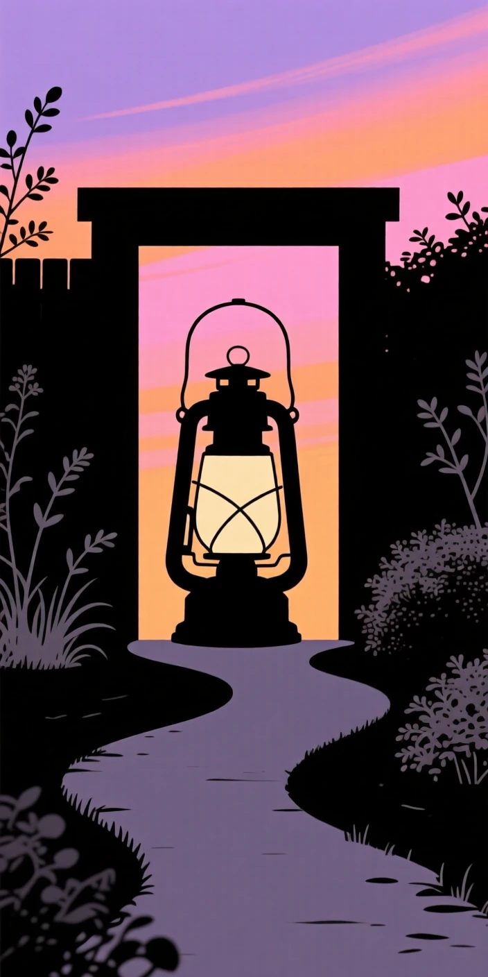 A single lantern lighting the entrance to a quiet garden path at dusk.