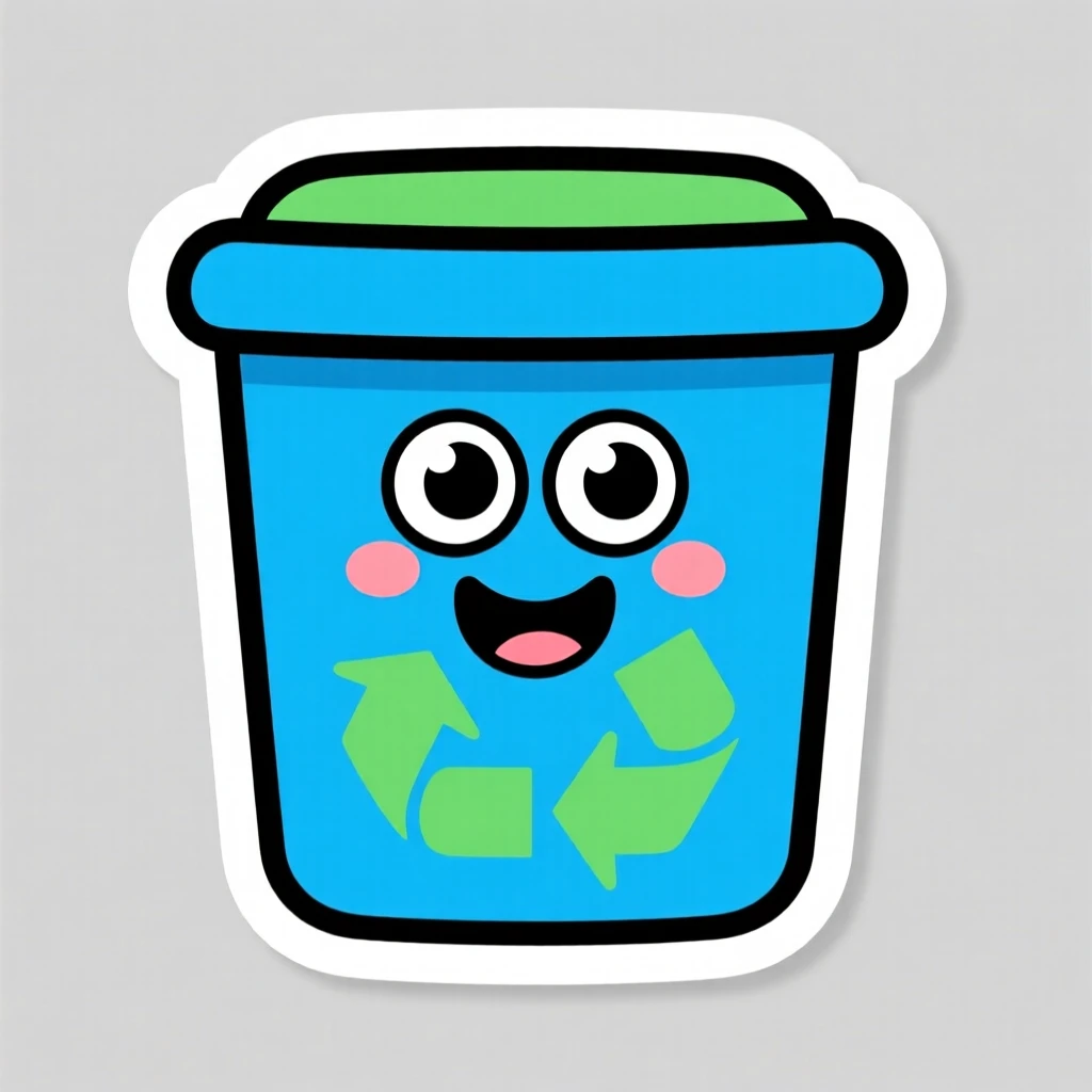 A simple and colorful cartoon recycling bin with a big smile, with cheerful expressive eyes, designed to make learning fun.